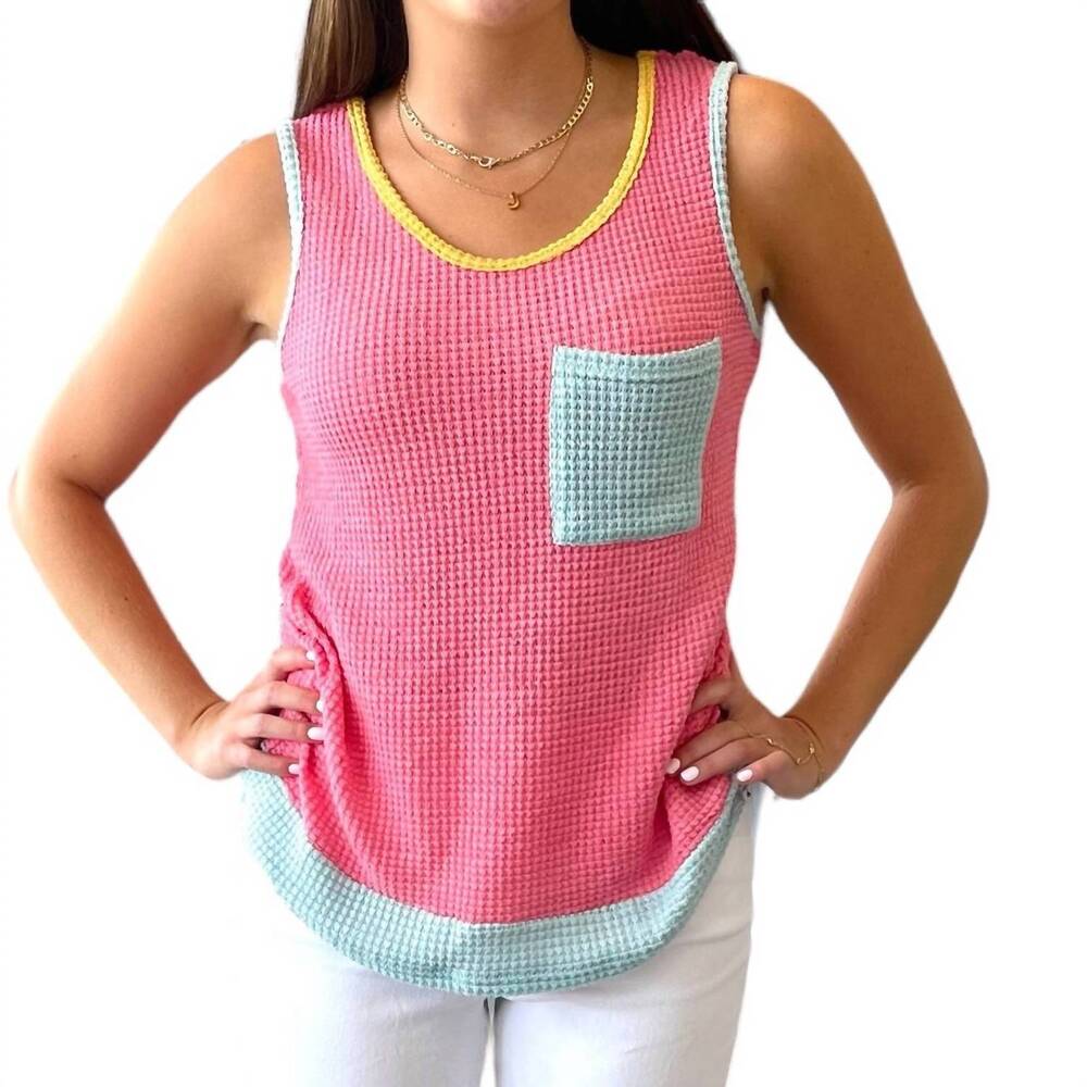 NEW FULL TIME PURCHASE color block patched pocket knit tank top in pink